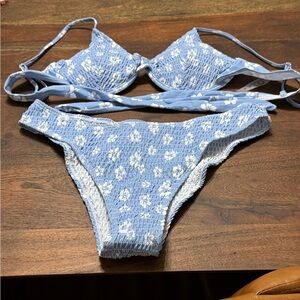 Light Blue Floral Smocked Bikini Set - Size M -NWOT